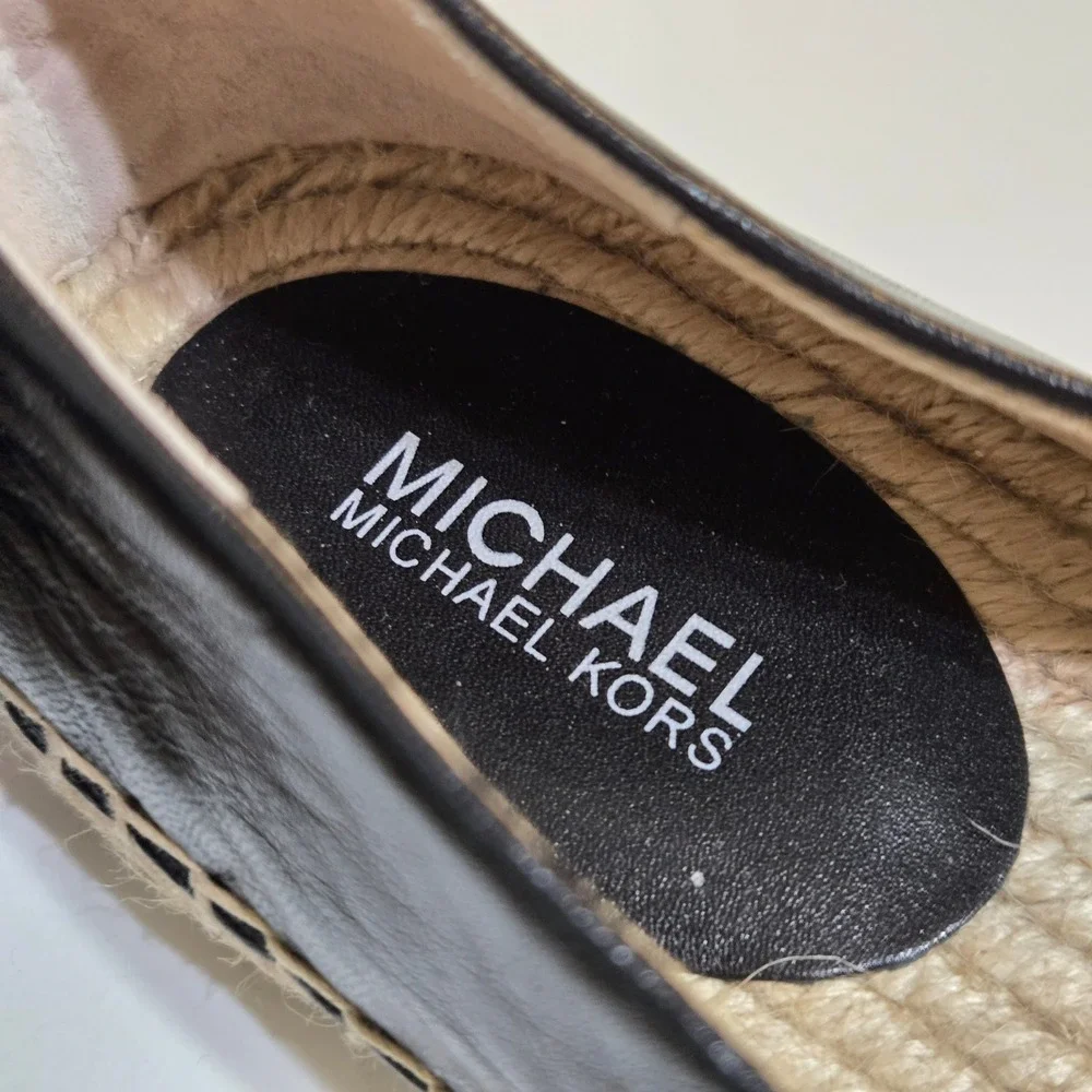 Michael Kors Lola Espadrille Flats Womens 7 Black White Floral Leather Applique